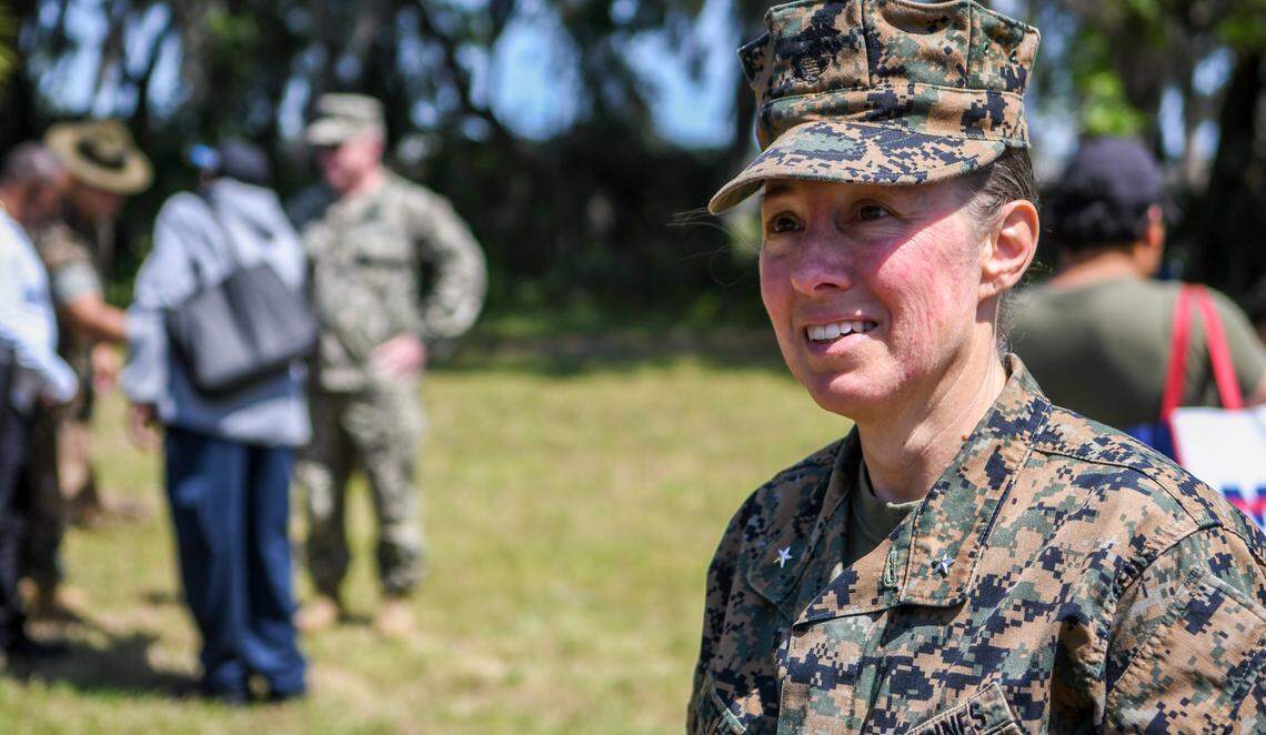 Marine Corps Recruit Depot Parris Island’s commading officer Brigadier General Julie Nethercot as seen on April 20, 2022 after planting six longleaf pine trees for Earth Day on Marine Corps Recruit Depot Parris Island.