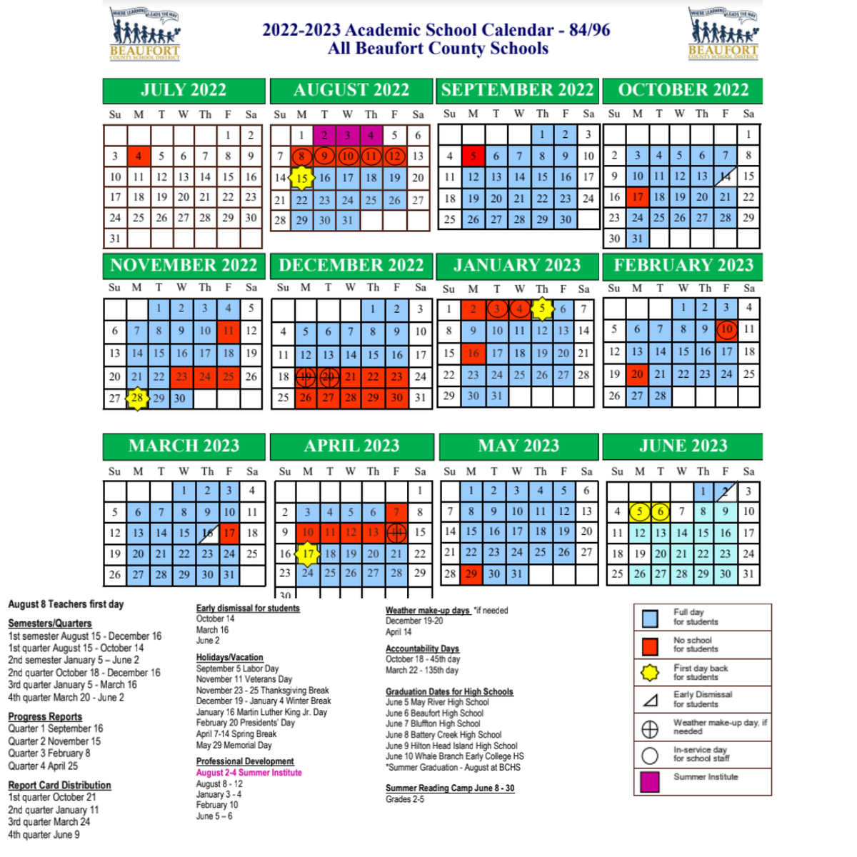 The academic school calendar for the 2022-2023 school year in Beaufort County