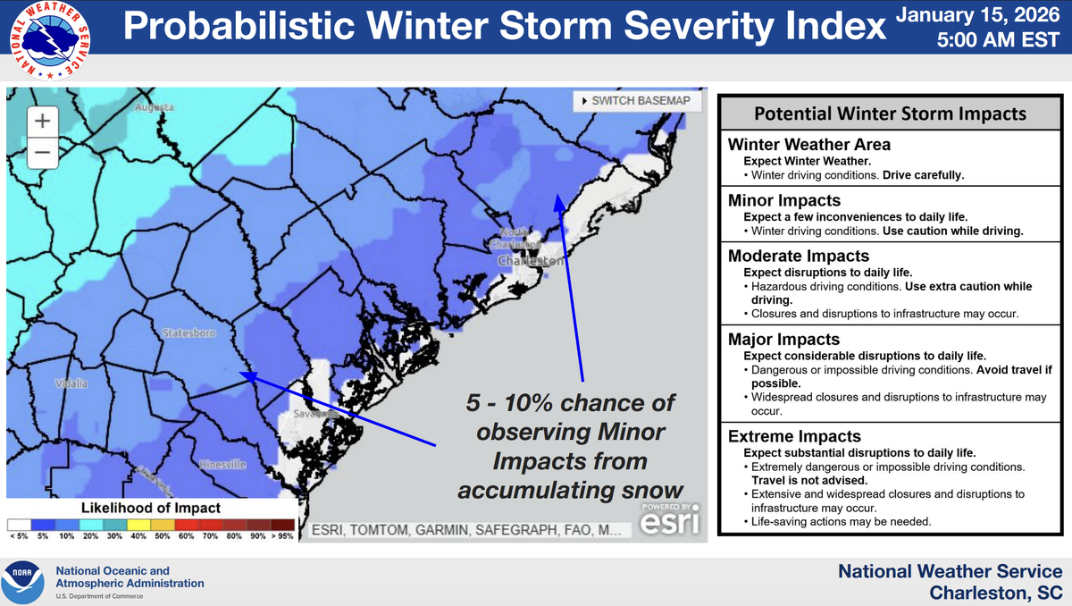 In the Jan. 15 weather briefing, the NWS notes that while precipitation chances have increased for Sunday morning, the likelihood of impactful winter weather along the coast is less than 10%.