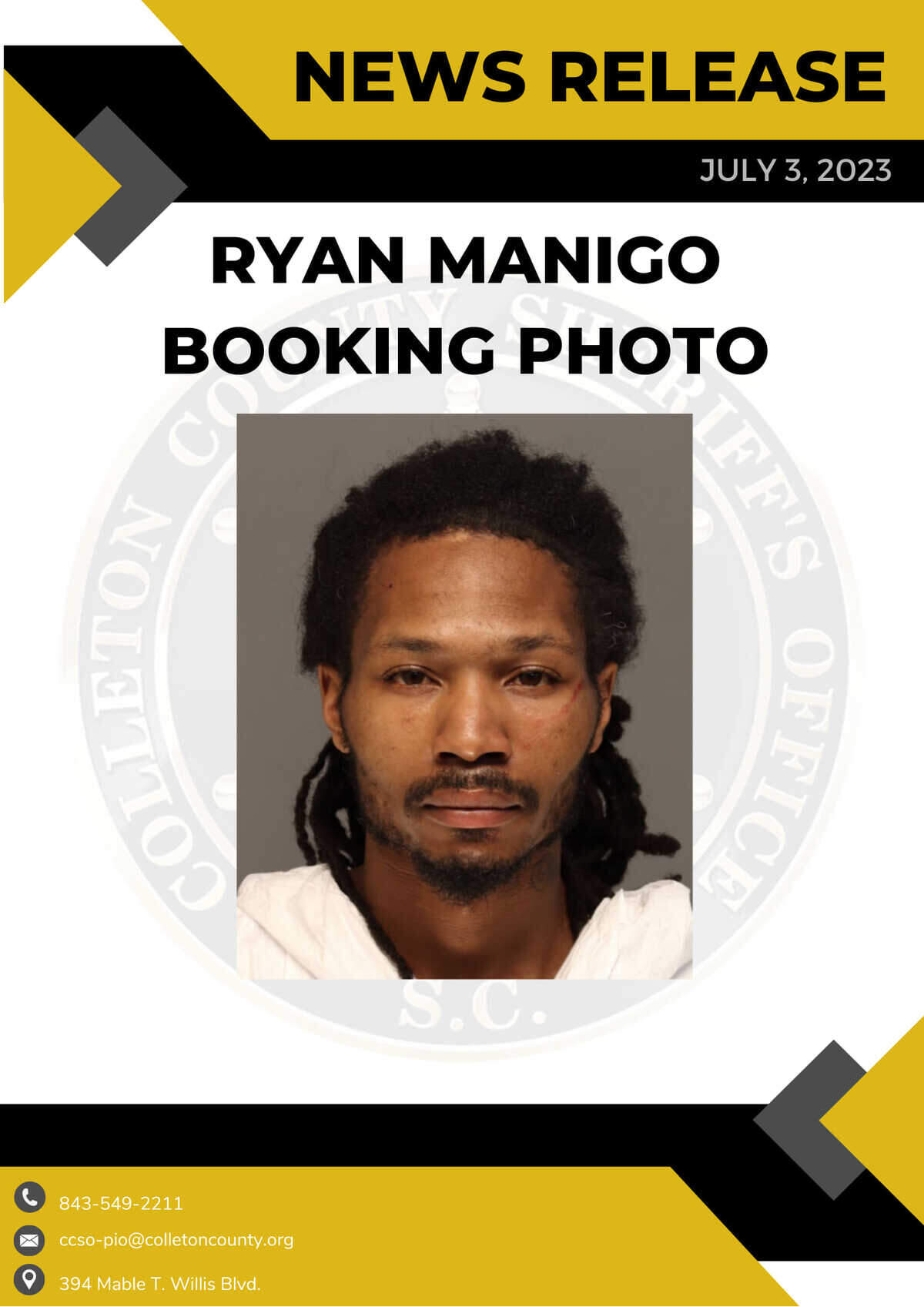 Ryan Lenard Manigo has been charged in the house fire that killed six and critically injured one on July 2, 2023 in Green Pond, S.C. according the the Colleton County Sheriff’s Office.