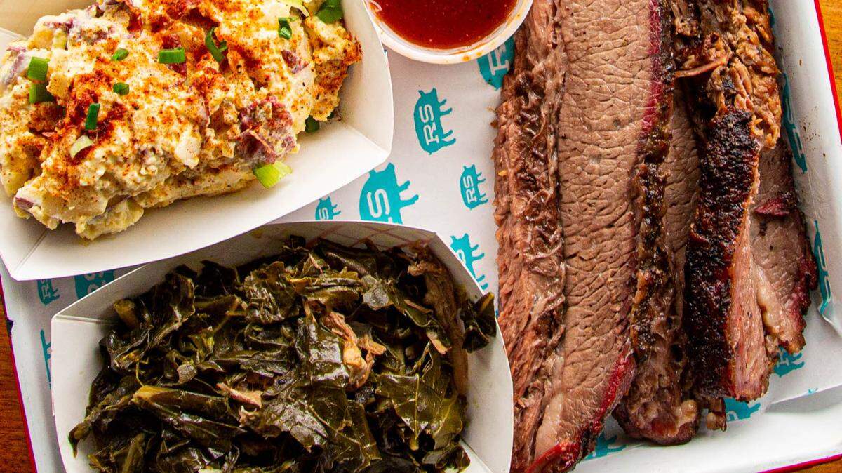 Rodney Scott’s brisket and sides, which can be found at Rodney Scott’s Whole Hog BBQ in Charleston.