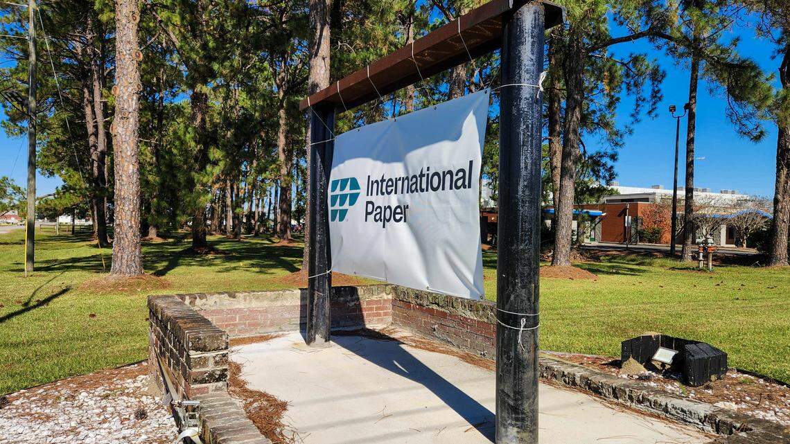 The sign marking the entrance to International Paper’s now closed Savannah, Ga. mill and box plant as photographed on October. 23, 2025.