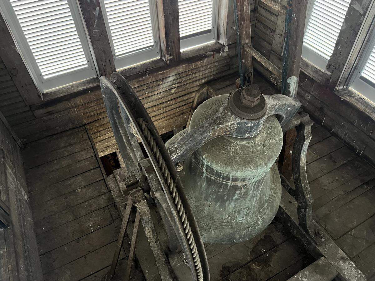 A 24-inch bronze bell in the third story of the steeple at Tabernacle Baptist is rung once annually to mark the new year.