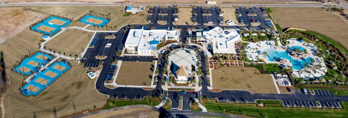 In this handout photo, the first phase of Latitude Margaritaville Hilton Head Town Center is complete and features sports courts, a swimming pool, bar and restaurant and fitness center.