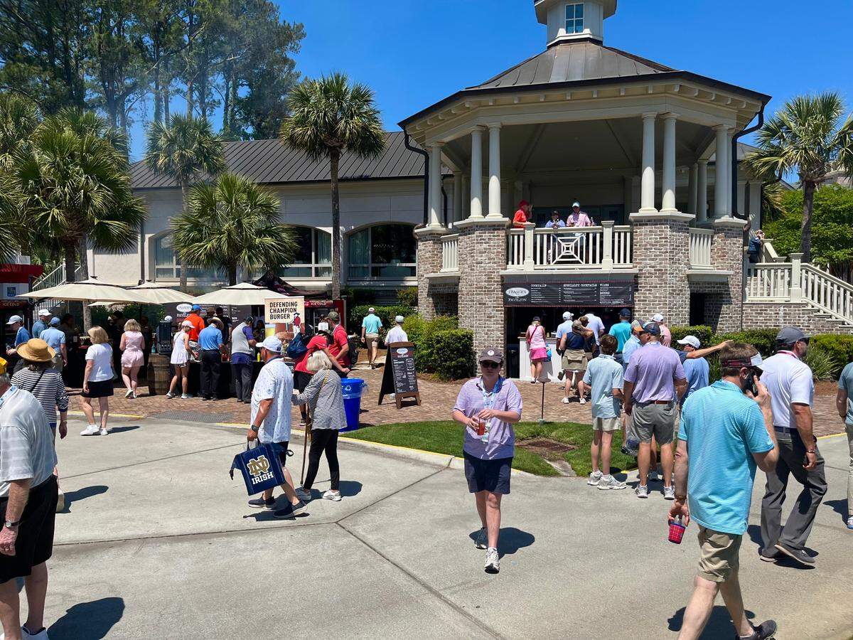Spectator crowd on Thursday, April 17 at Fraser’s Pavilion, where Scottie Scheffler’s Defending Champion Burger is served at the 2025 RBC Heritage Presented by Boeing