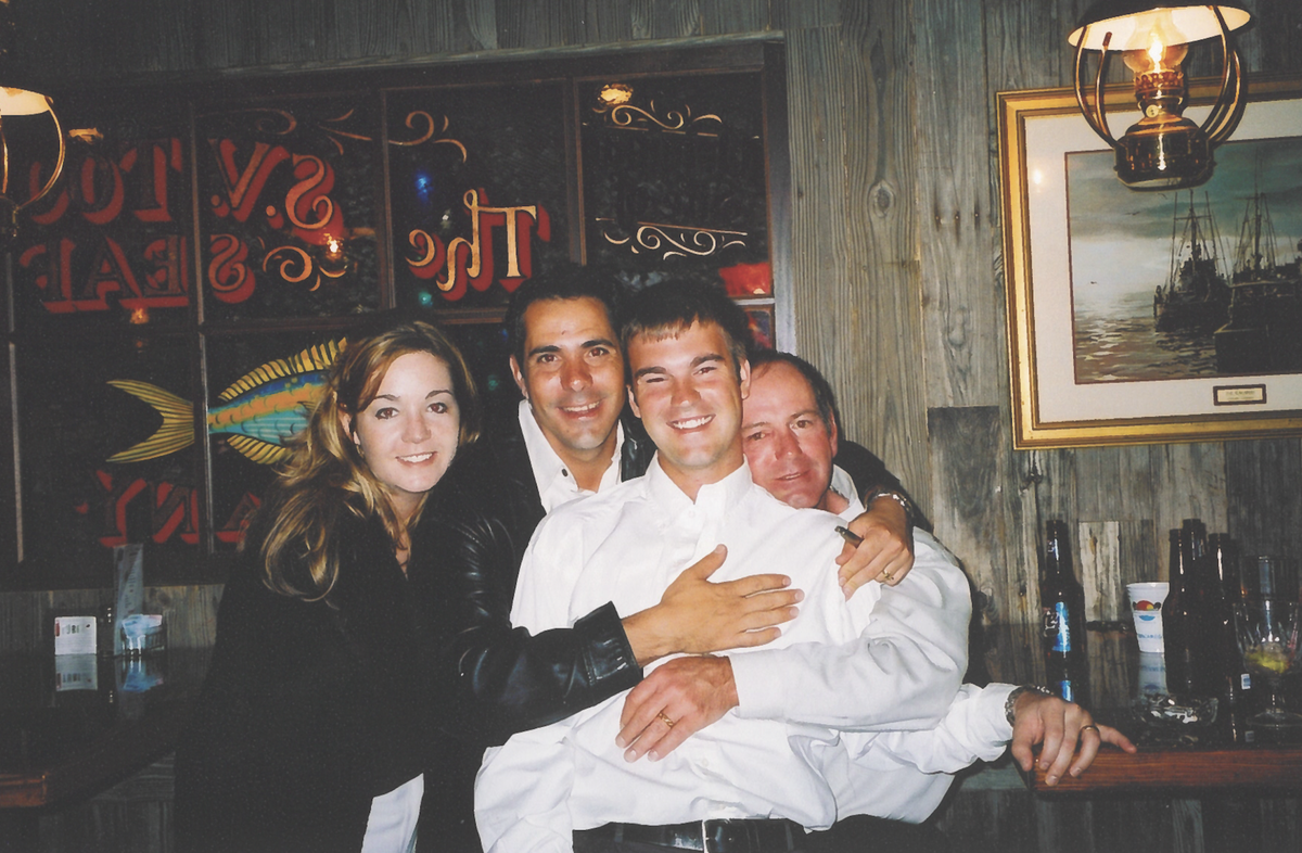 Brendan and David, farthest on the right, pose at the bar circa 1998.