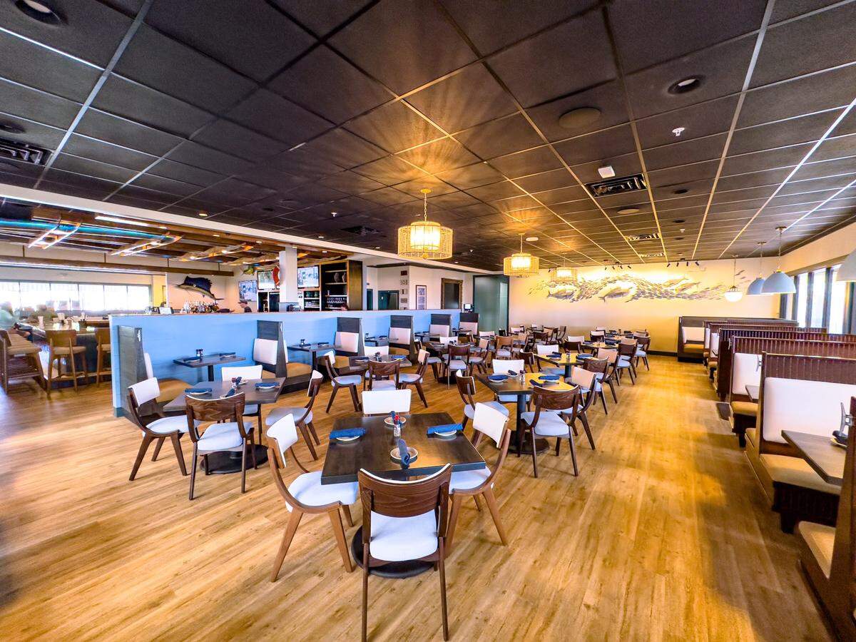 An interior view of the newly renovated and reopened Black Marlin Bayside Grill & Hurricane Bar, which is located at 86 Helmsman Way on Hilton Head Island. The dining area features commissioned art from an artist flown in to construct the sculpture on-site.