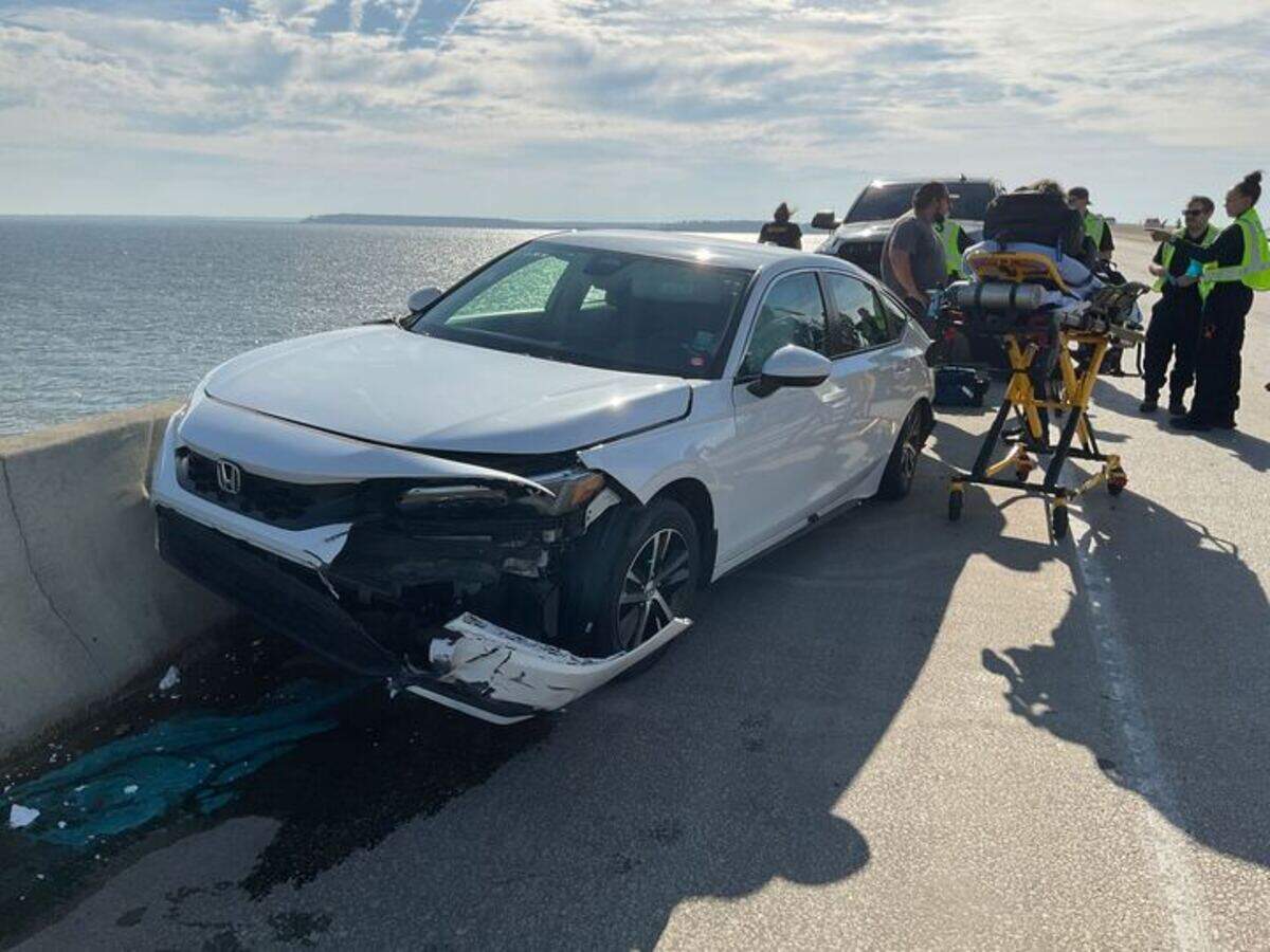 A white Honda sedan was heavily damaged Friday afternoon after it appeared to have clipped the right-side barrier of the Broad River Bridge. The two-car crash resulted in a canine passenger jumping into the river, but officials say the dog swam safely to shore.