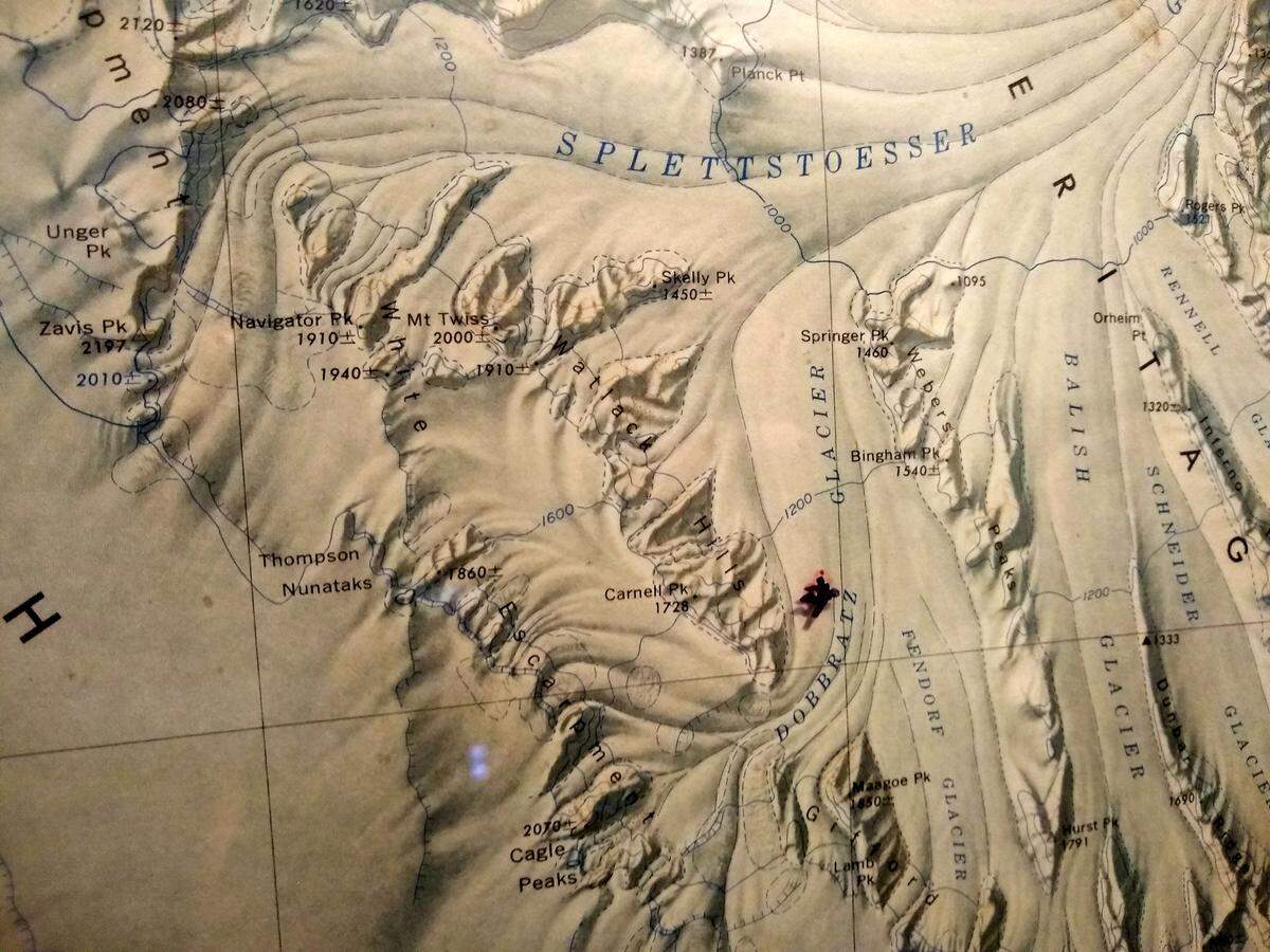 A map of the Heritage Range in Antarctica’s Ellsworth Mountains shows the location of the Dobbratz Glacer, named for Col. Joseph R. Dobbratz Jr., a U.S. Marine Corps pilot that assisted in research and exploratory missions between 1962 and 1964. The chart now hangs in a hallway of Dobbratz’s home on Lady’s Island, S.C.