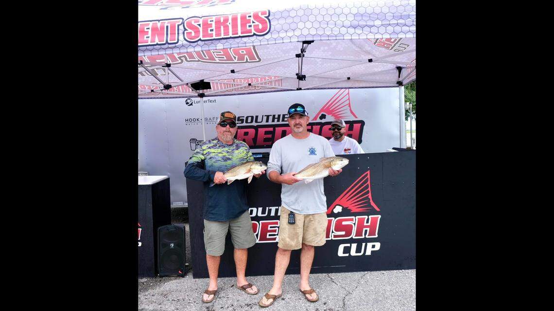 Bradley Brown and Travis Malphrus of Team Nomad won the overall title and also tied for the largest fish caught during at the Southern Redfish Cup in Port Royal Saturday.
