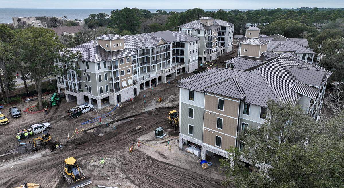 Work continues on The Maidencane Resort Hilton Head on Feb. 25, 2026, located near Folly Field Beach on Hilton Head Island.  Managed by Capital Vacations Resort Management, the website notes that one and two-bedroom timeshares will be available. 