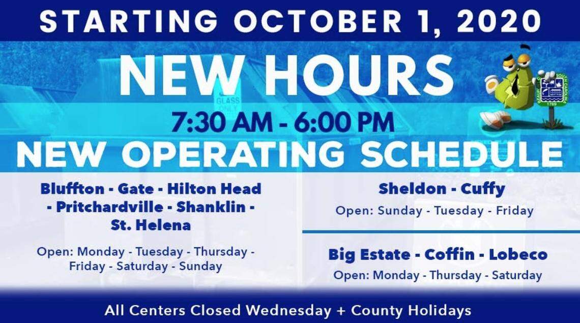 A Beaufort County brochure shows the new operating hours for the county’s 11 convenience centers starting Oct. 1.