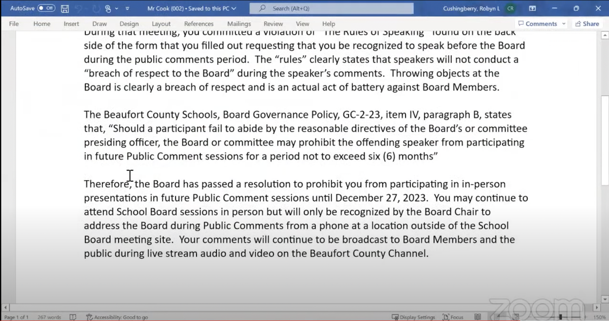Displayed via livestream during the Beaufort County School Board’s special meeting Thursday, the letter drafted to outspoken county critic David Cook explains why officials are considering banning him from in-person public comment for six months.