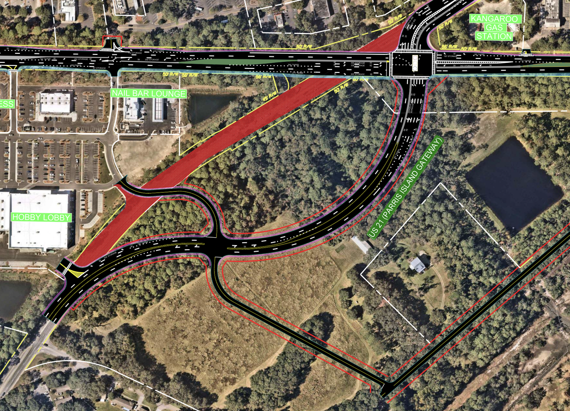 The proposal would demolish Parris Island Gateway between Hobby Lobby and its intersection point on Robert Smalls Parkway.