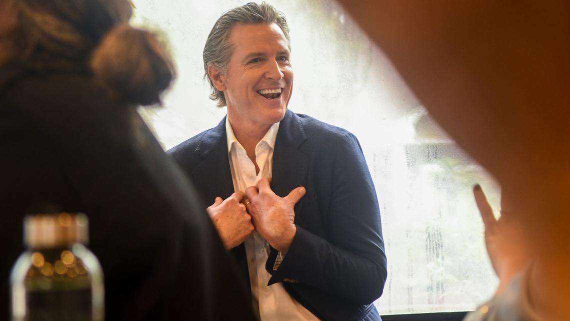 South Carolina Sen. Margie Bright Matthews introduces California Gov. Gavin Newsom to approximately 300 attendees, commenting about “how much better looking (Newsom) is in person” as he looks sheepishly around. Newsom campaigned for the re-election of President Joe Biden on Wednesday, Jan. 24, 2024, at Sun City Hilton Head.