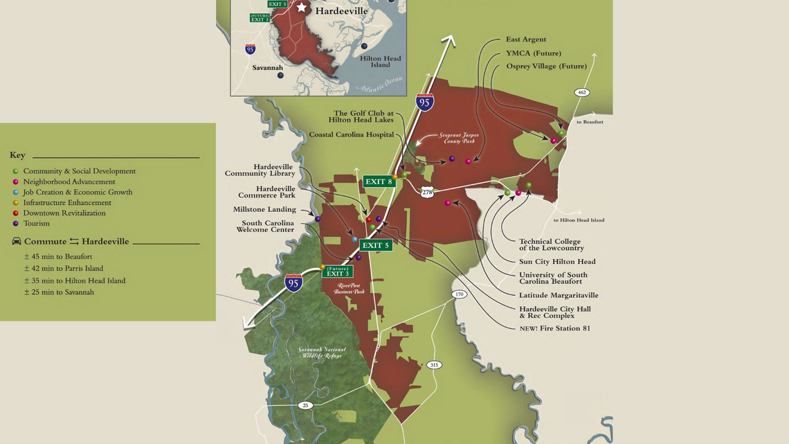 This City of Hardeeville map shows where Exit 3 will be as well as the linear layout of the city. Most of the industrial development is in the southern end, while most residential construction is in the northern end.