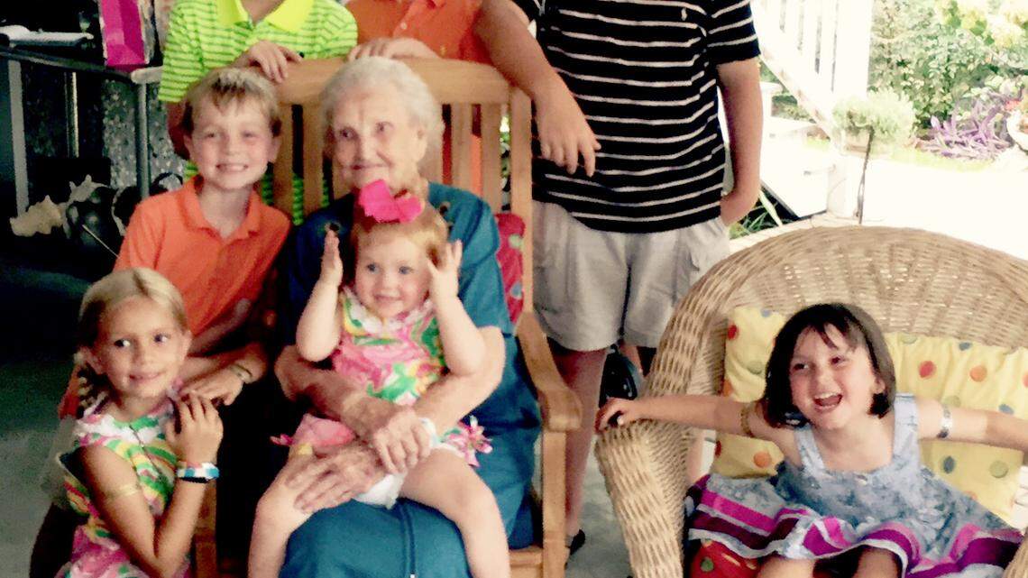 Mary Frances Cone, 96, and her great-grandchildren, from left, counter clockwise: Meredith Hartley, 7, Beau Edward Sexson, 7, John Edward Schwedler, 9, Hayden Hartley, 9, Andrew Grant, 13, Campbell Guscio, 3, and Mary Jane Sexson, 2. 
