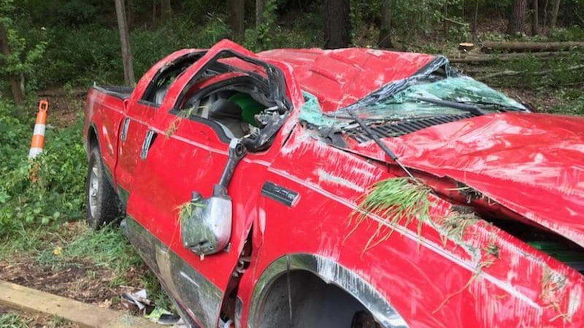 The Alex Ulmer family truck after flipping on Interstate 95 following a blowout.