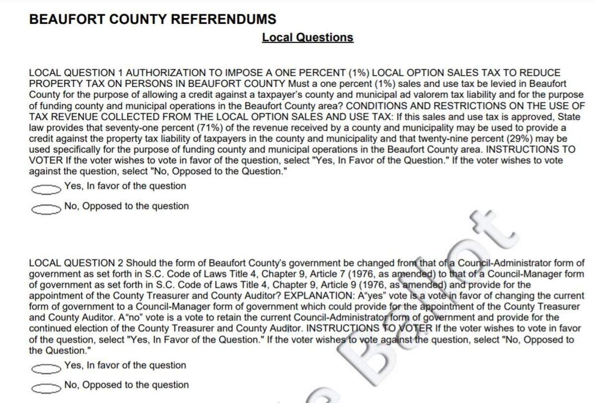 A screenshot of a sample ballot that includes the two Beaufort County’s referendum questions in the 2021 election.