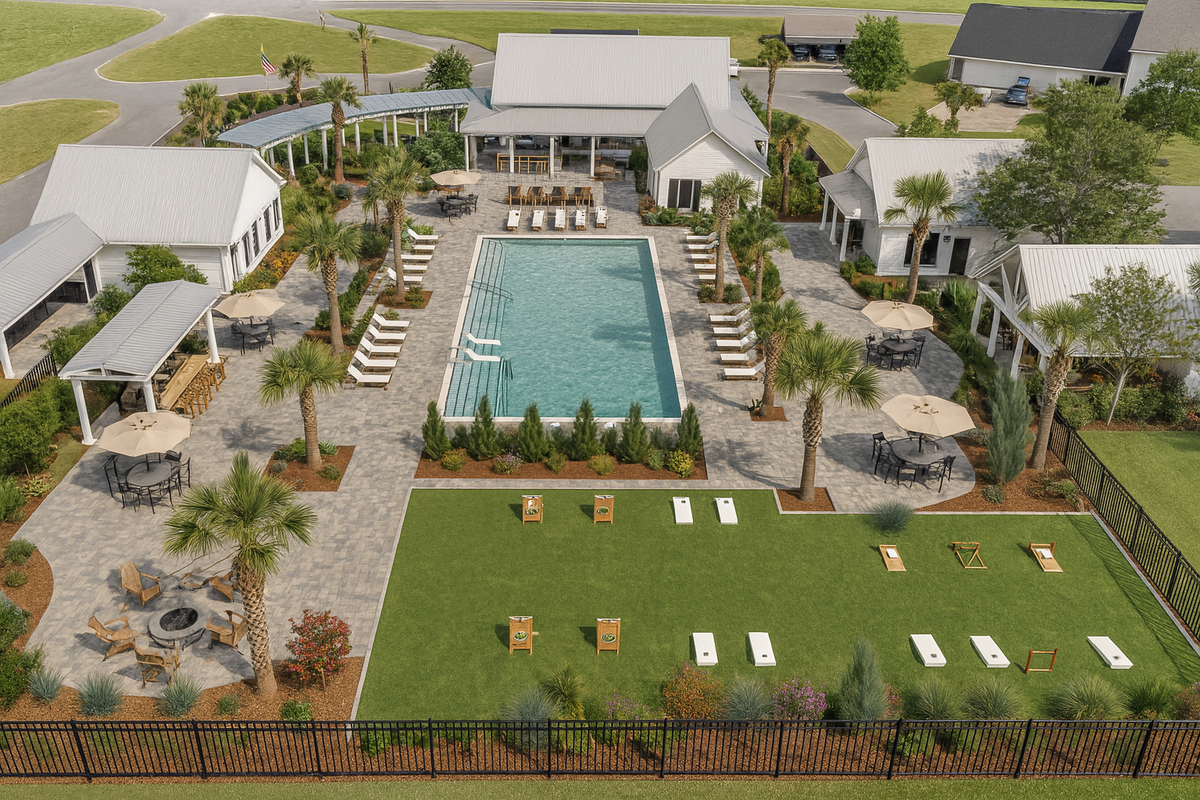 Rendered image of the communal space in the Foxtail Commons development.