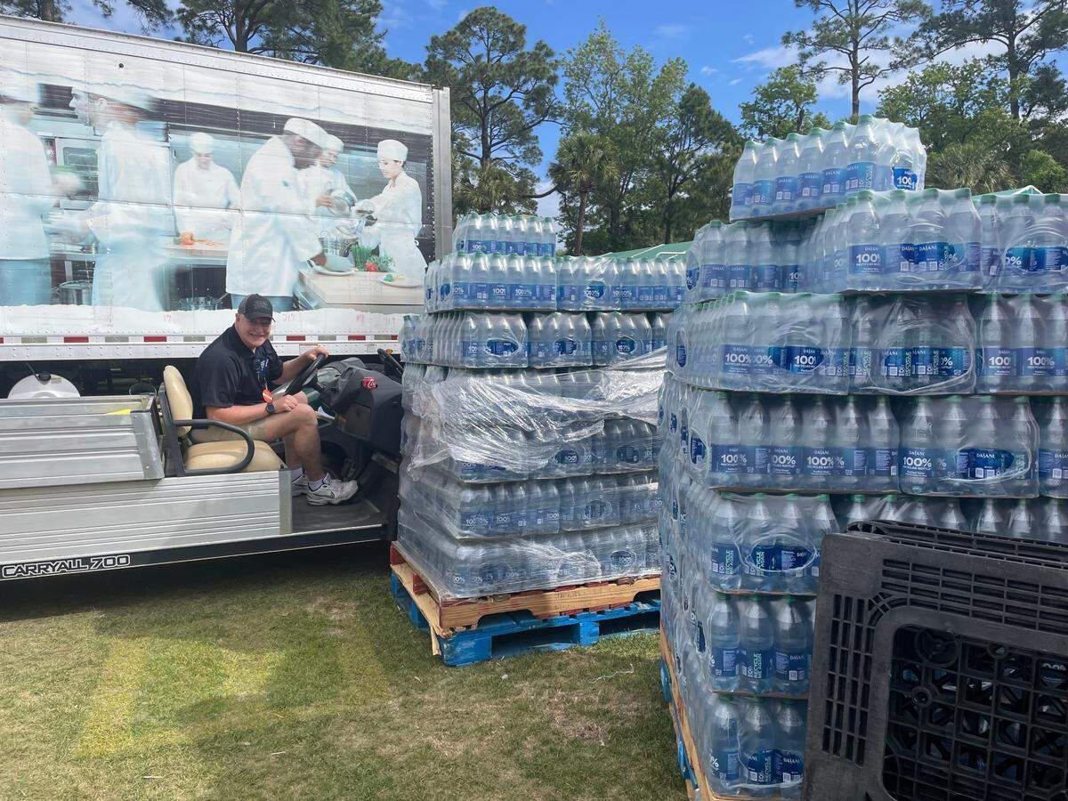 Pallets of Dasani water at the main commissary.