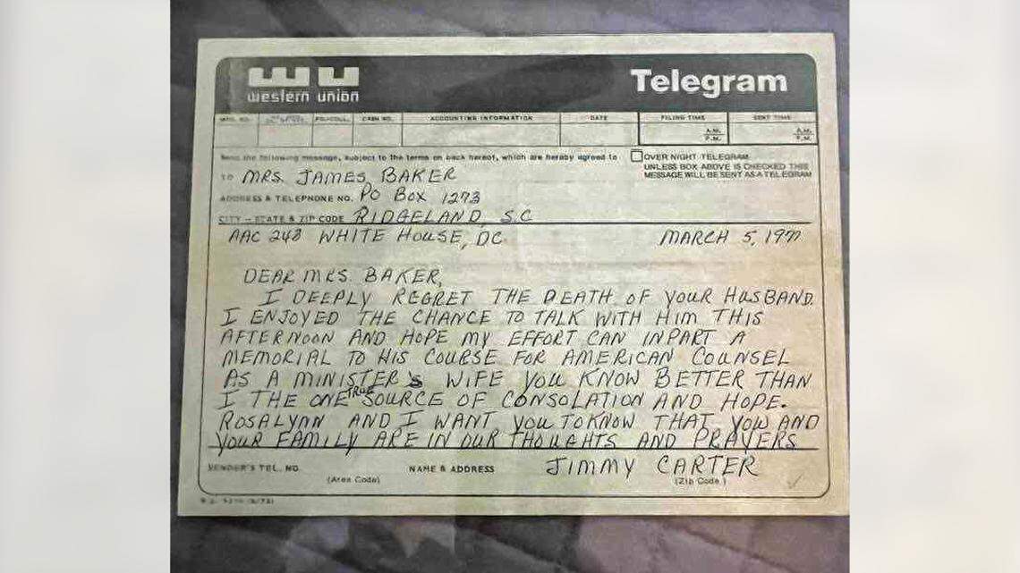 A photo of the Western Union Telegram that hangs on the wall of Jimmy Baker’s Okatie, S.C. home sent from President Jimmy Carter after Baker’s father died from a heart attack after speaking with Carter on a national call-in radio show in 1977.