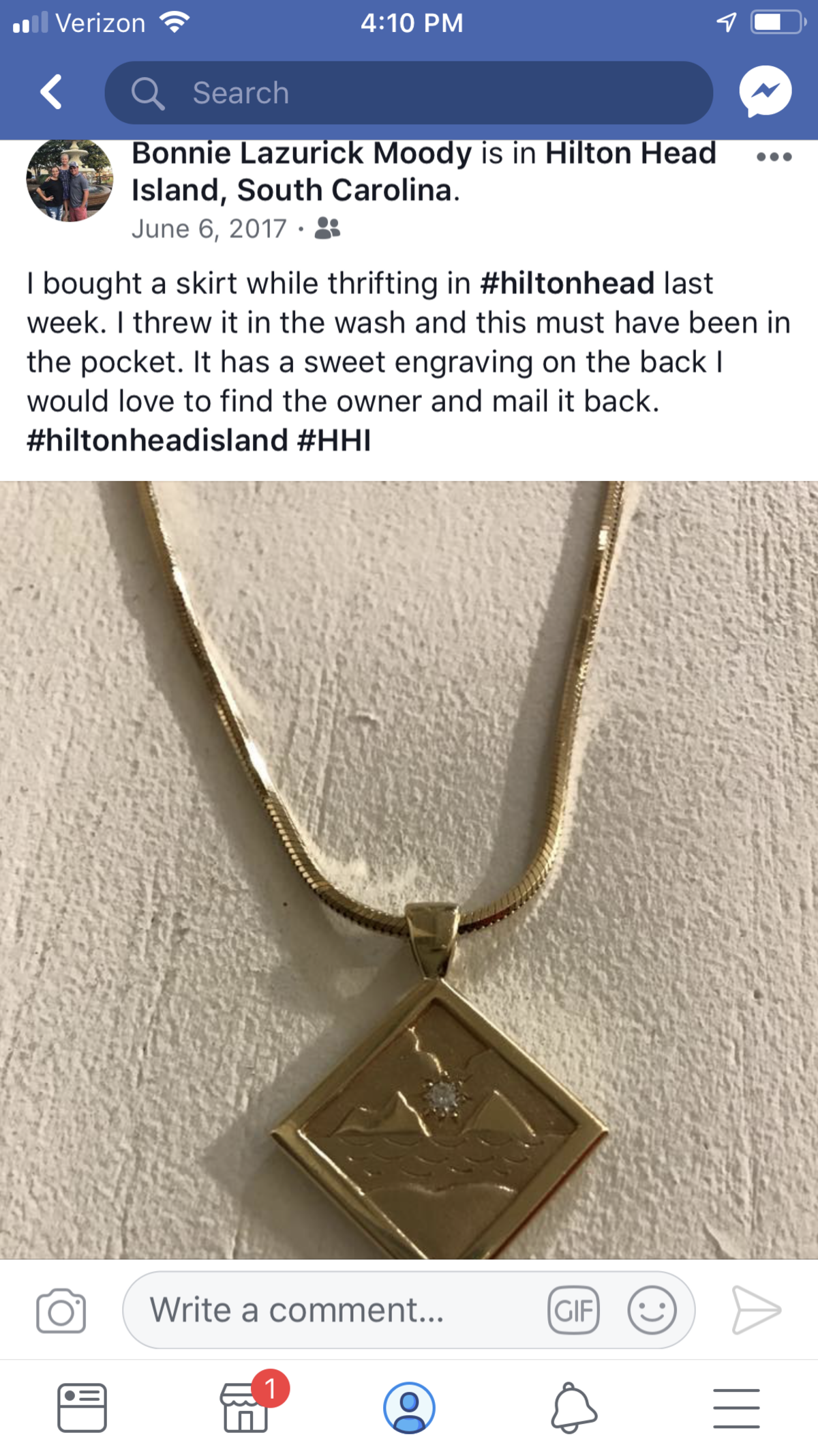 Pictured is a screen shot of a social media post that Bonnie Moody posted of the necklace she found in clothes she purchased at a thrift store on Hilton Head Island. The $3,000 necklace was bought as an anniversary gift for Hilton Head Island resident Cathy Brigham when she and her husband, Chris, used to live on Hawaii.