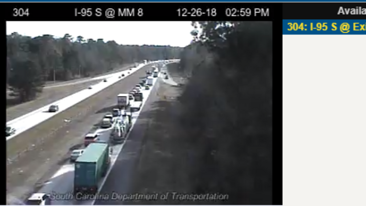 SCDOT traffic cameras show traffic jam on I-95 south near exit 8 on Wednesday, Dec. 26.