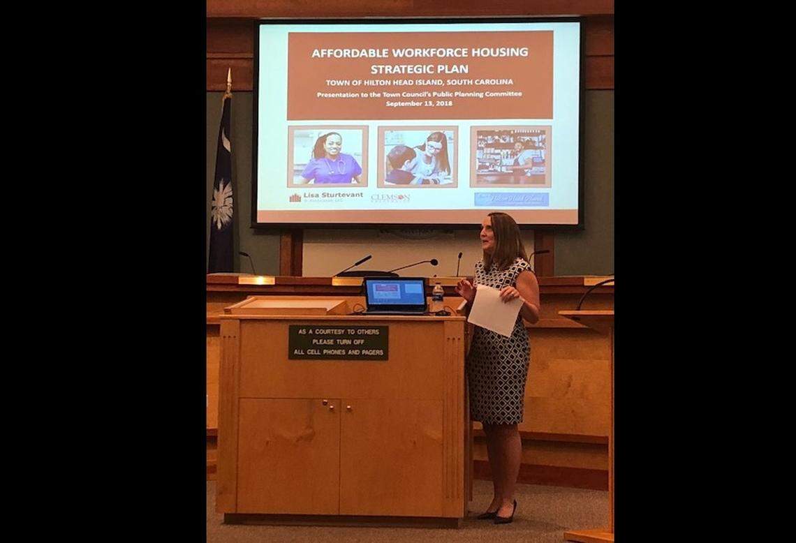 Lisa Sturtevant, founder of Lisa Sturtevant and Associates, LLC., delivers the timeline for developing a workforce housing plan for the Town of Hilton Head Island.