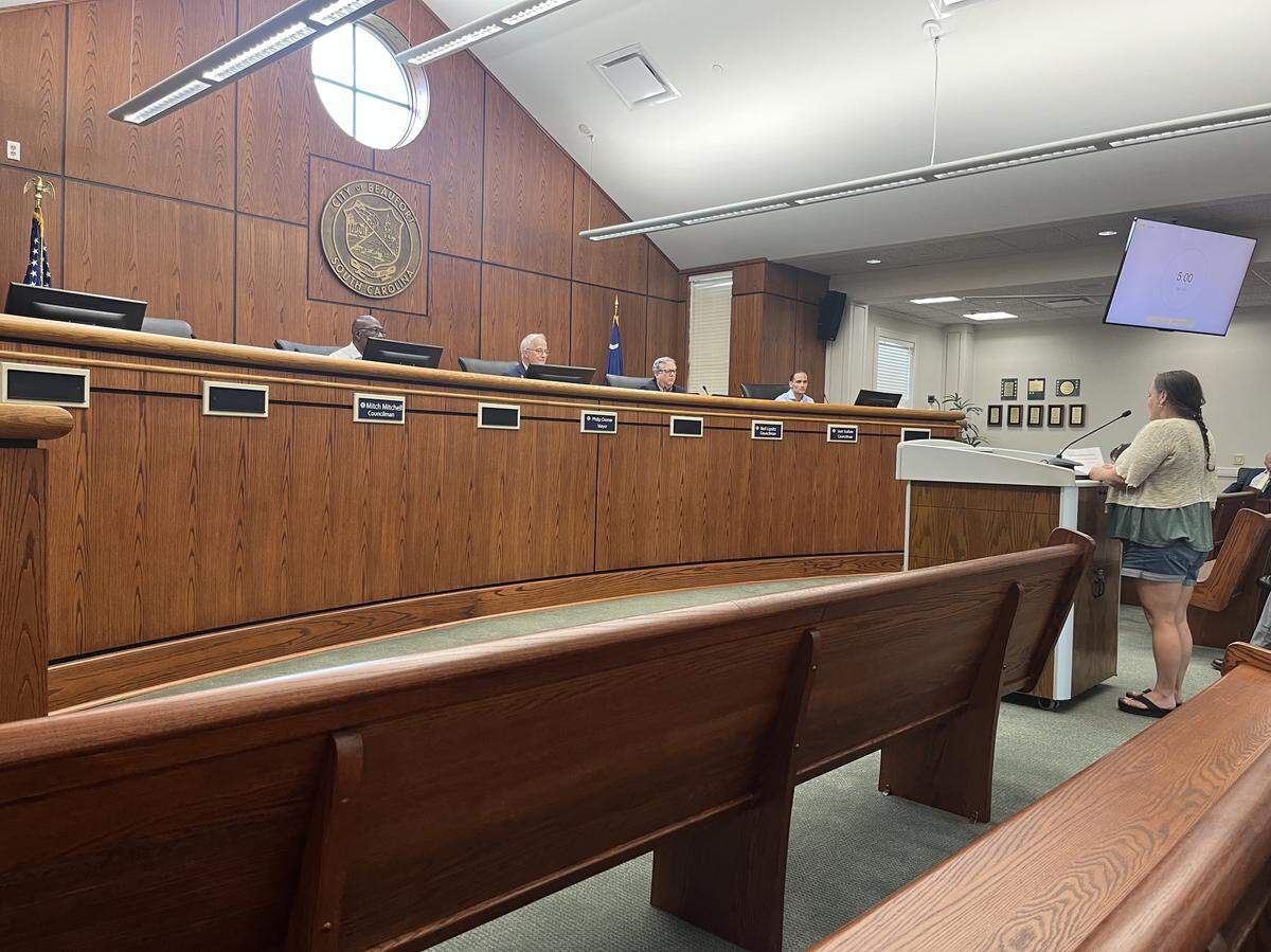 Autumn Hollis addresses the Beaufort City Council Monday, when the council voted to hire a law firm to investigate how the city released private information as part of a Freedom of Information Act request to Hollis and her husband Kiel.