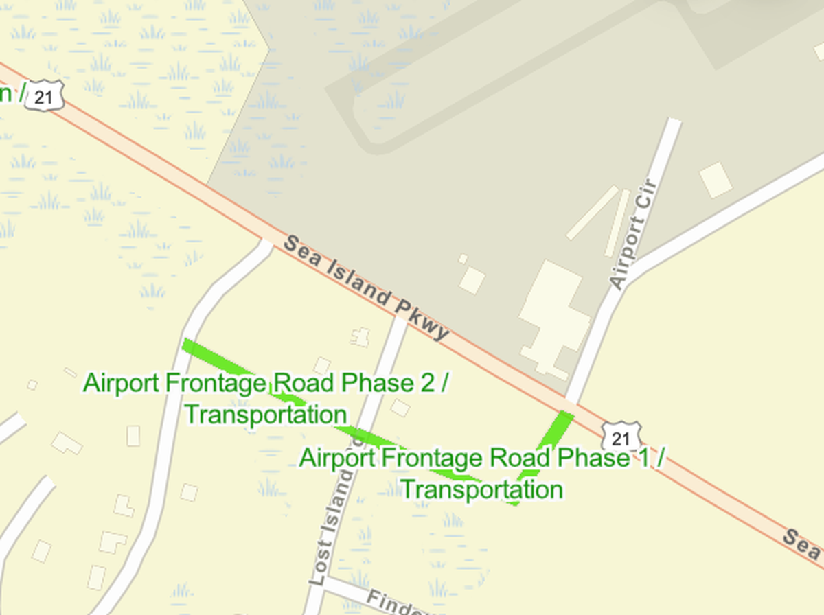 The green indicates where a new road is planned that will connect Lost Island Road and eventually Little Creek Road with the intersection of Sea Island Parkway and Airport Circle.