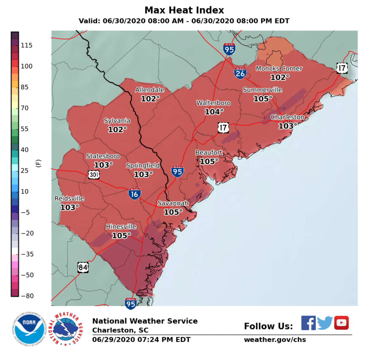 The heat index map for Tuesday in the Lowcountry.