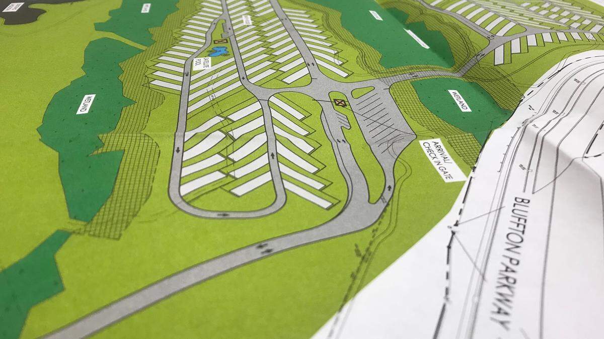 Part of a rendering for a proposed luxury RV park at Hilton Head National Golf Course in Bluffton, S.C., is photographed Tuesday, May 1, 2018, at the Beaufort County Community Development office in Beaufort, S.C.
