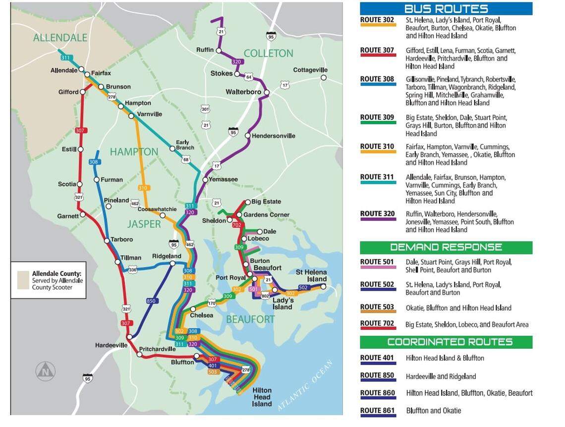 The route map for Palmetto Breeze. The purple line, route 320, comes from Colleton County to Hilton Head Island each day. colleton County leaders no longer want to fund the route.