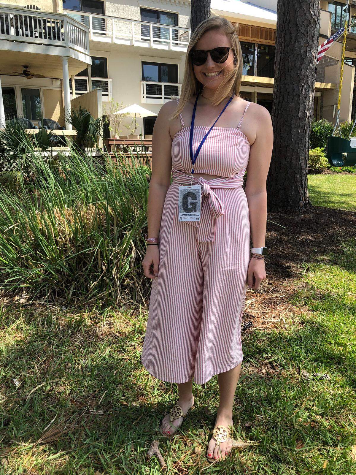Mary Claire Sumner wears a seersucker jumpsuit at the RBC Heritage Golf Tournament on Friday, April 13, 2018.