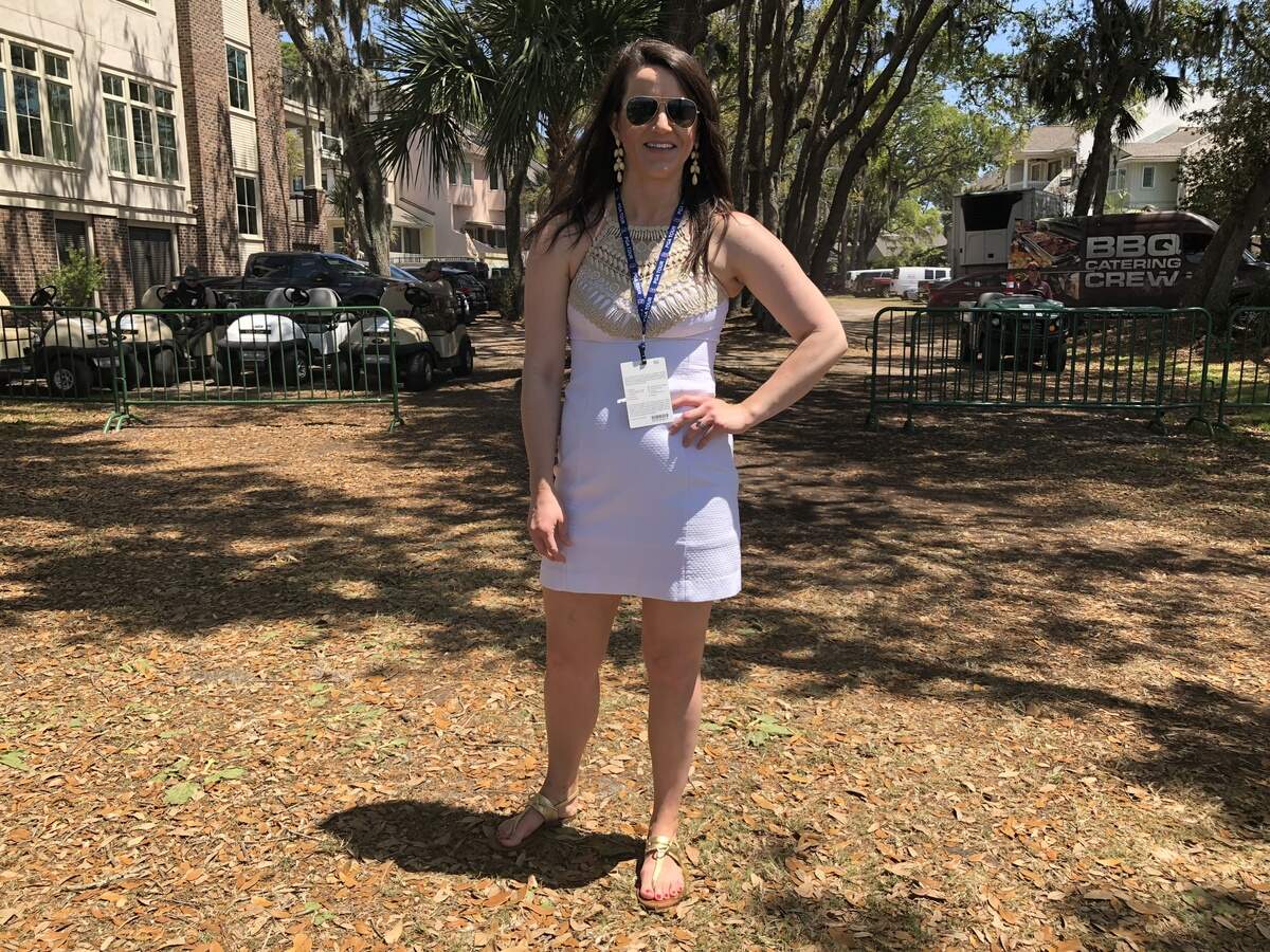 Marjorie Davis got her white and gold Lilly Pulitzer dress from Rent the Runway.