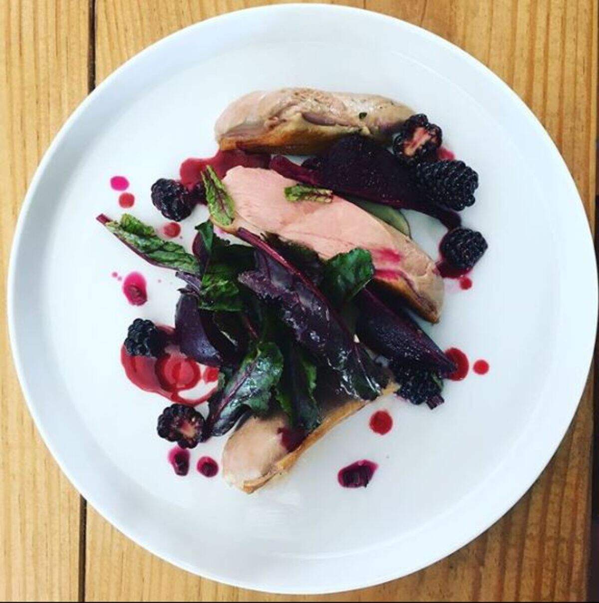Duck breast. Beets, their stems, and their greens. Leek purée. Various blackberries.