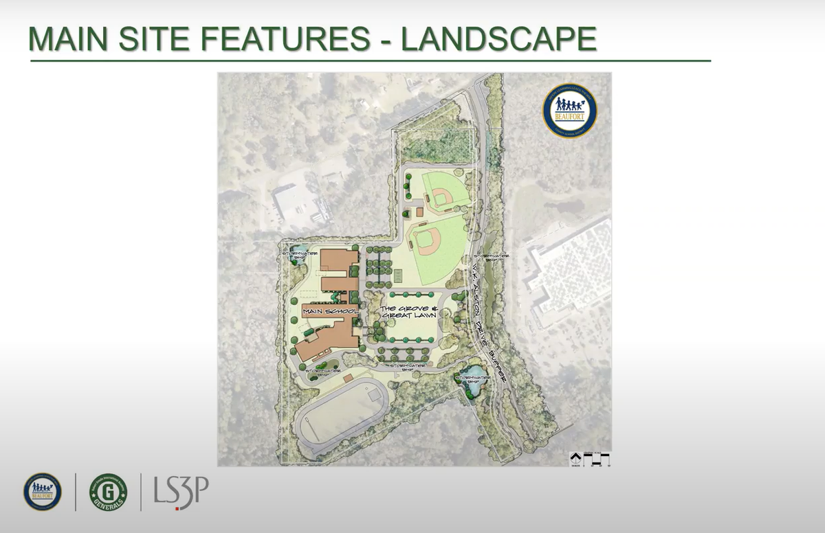 Builders will preserve a grove of mature oak trees in front of the school, which the parent drop-off line will loop around.