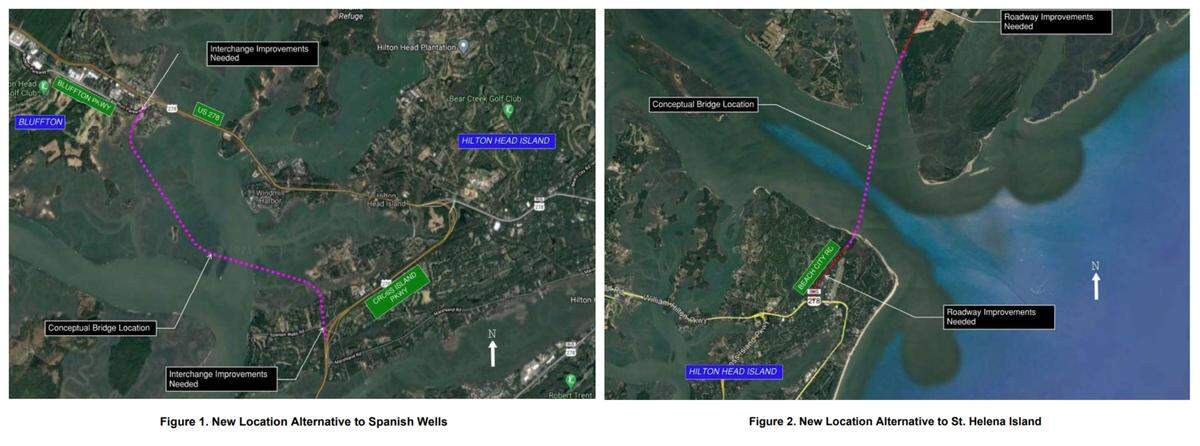 Two new bridge locations were briefly discussed in a report released in late April on Hilton Head’s U.S. 278. The cost of adding a new bridge appears to be a non-starter among island leaders, so these graphics were only for informational purposes.