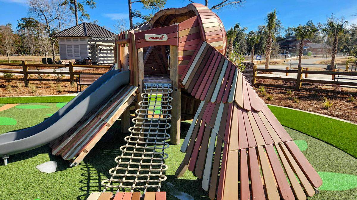 A rope staircase allows youngsters to get to the top of the structure where they can use a slide to get down as photographed on Jan. 28, 2025, is featured in one section at the New Riverside Barn Park set for a grand opening on Feb. 22 in Bluffton.
