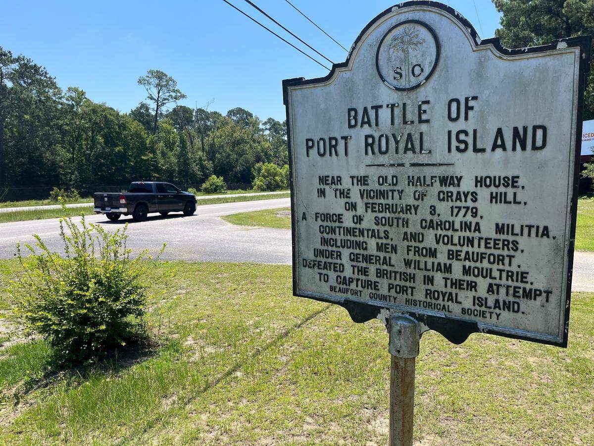 This sign along U.S. Highway 21 across from the Marine Corps Air Station Beaufort, just a few miles from downtown Beaufort, marks the location where British and American troops clashed in 1779 during the Revolutionary War. The Battle of Port Royal Island occurred on both sides of what is now Highway 21. “Even within Beaufort it’s probably little known,” says Doug Bostick, CEO of South Carolina Battleground trust, non-for-profit land trust.
