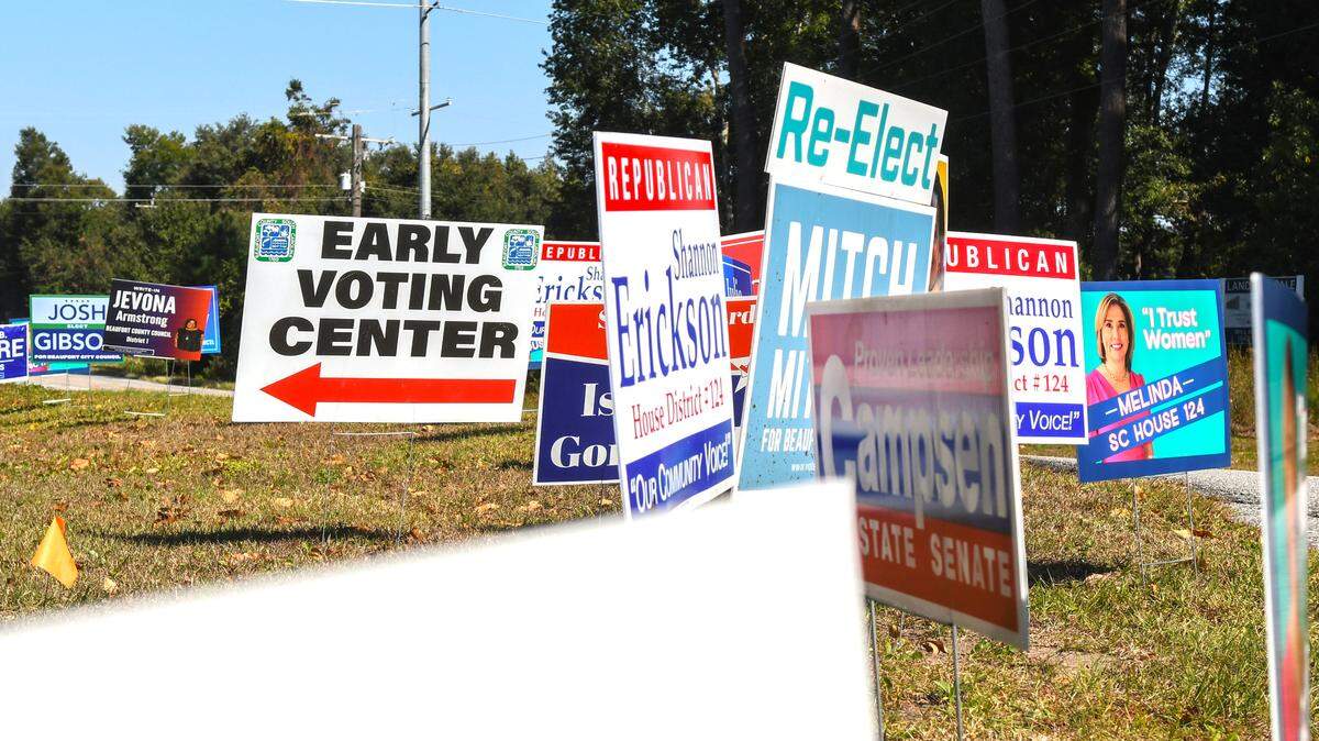 Likely due to the fact that early voting is taking place at the Board of Voter Registration and Elections of Beaufort County, political campaigns signs inundate the intersection near its entrance at Industrial Avenue and Burton Hill Road as photographed on Oct. 24, 2024 in Beaufort.