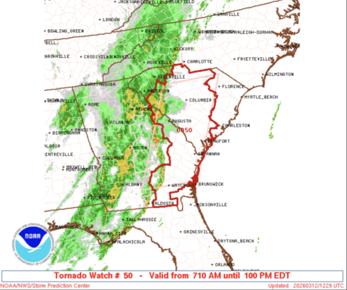 Beaufort County, along with most of South Carolina and some counties in eastern and coastal Georgia, was under a tornado watch Thursday morning. Meteorologists warned of “damaging wind gusts” and the threat of tornadoes in the area.