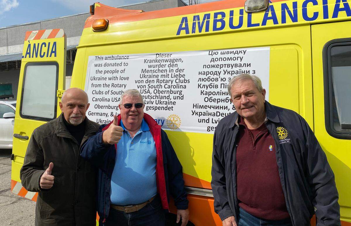 From left to right: Hennadii Kroichyk of the Lviv Unity Rotary Club, Dave Forward, and Bob Gross in Lviv, Ukraine on Easter Sunday after Forward and Gross delivered two ambulances. Gross, of Beaufort, raised the money to buy the ambulances, which the country needs because of the country’s ongoing war with Russia.