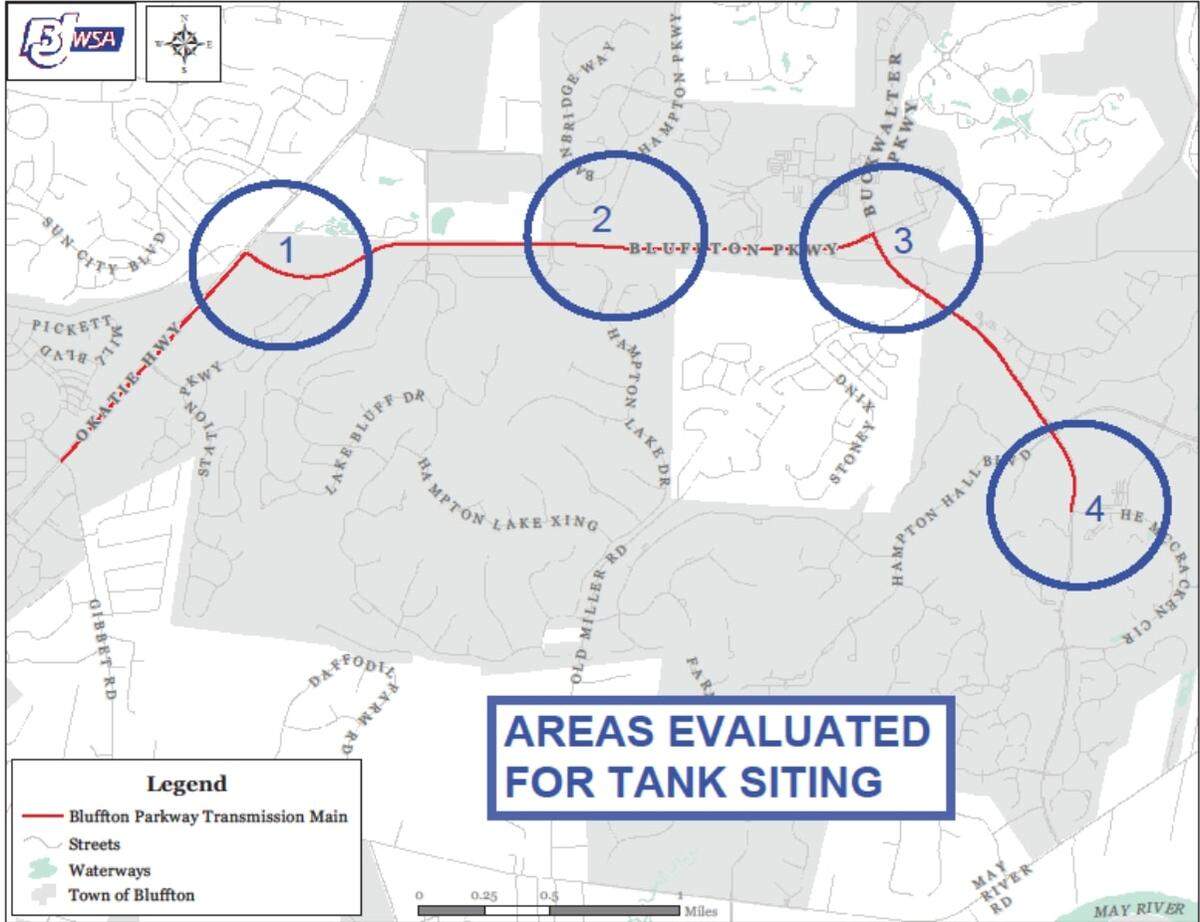 Renderings from Beaufort-Jasper Water & Sewer Authority show a map of the four proposed sites of the 1.5-million-gallon water tower planned in Bluffton.