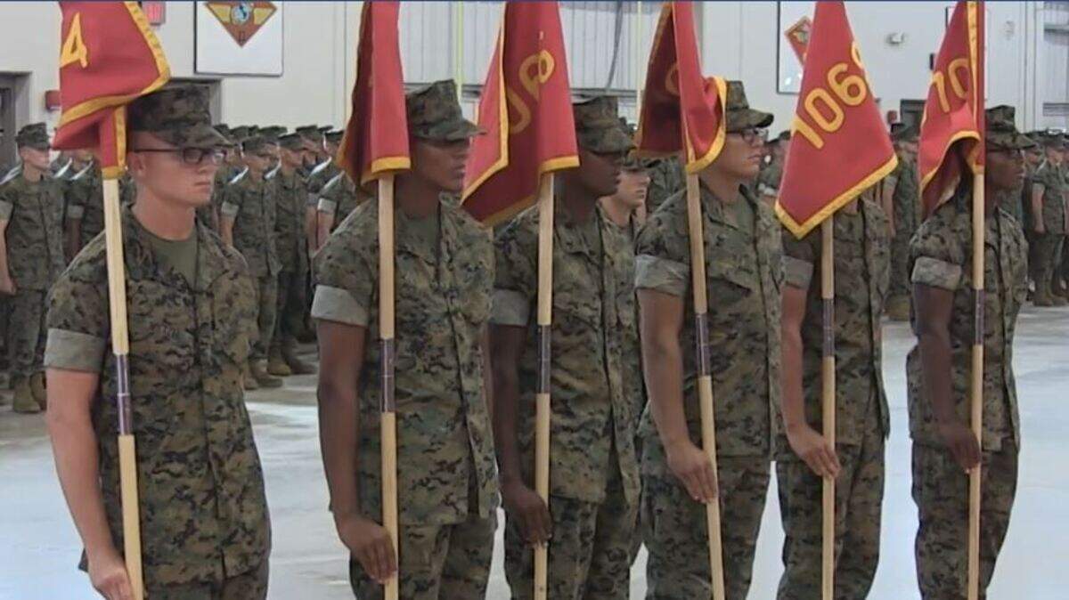 In this screen-grab taken from a Marine Corps video, newly minted Marines from Charlie Company, 1st Recruit Training Battalion, graduate Wednesday, Sept. 12, 2018, at Marine Corps Recruit Depot Parris Island, S.C. Charlie Company graduated two days early after depot operations were interrupted by Hurricane Florence, which was targeting portions of the U.S. Southeast Coast.