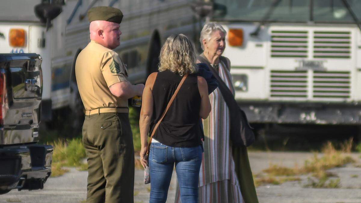 U.S. Marine Corps Staff Sergeant Steven Smiley arrives for the start of his trial at Marine Corps Defense Services Organization Branch Office on Monday, July 17, 2023 on Marie Recruit Depot Parris Island. In his court martial, Smiley has pleaded not guilty to the charge of negligent homicide in the June 4, 2021 death of recruit Dalton Beals during “The Crucible.”&nbsp;