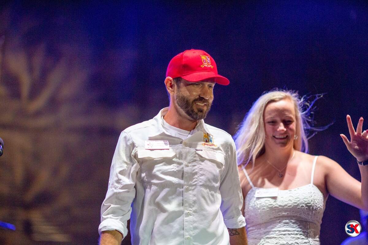 James Nutt and his fiance, Allison Kindwall, greet those attending the Beaufort Water Festival Saturday after he was named the commodore for the 67th festival in 2023.