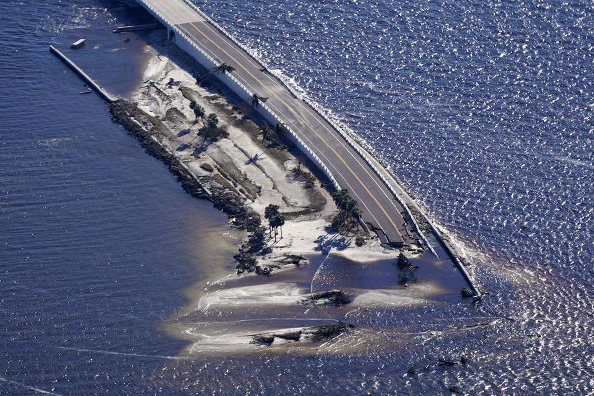 The collapsed Sanibel Island causeway after Hurricane Ian. The island has since been cut off from mainland Florida.