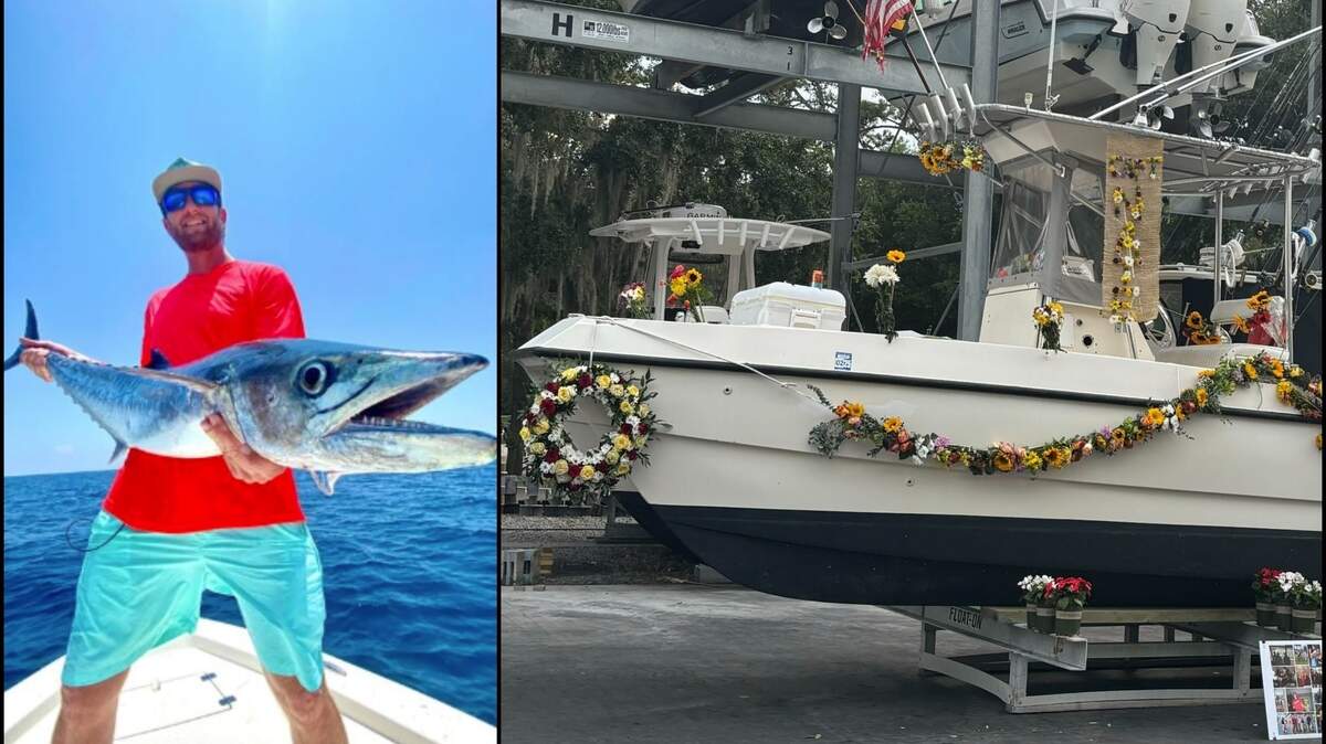 Friends and family of Nate Riley adorned his boat with a wreath, flowers and a banner reading “Capt. Nate” following his death in a motorcycle accident July 11. Riley used the 23-foot SeaCat to operate his own charter fishing business on the waters off Hilton Head Island.
